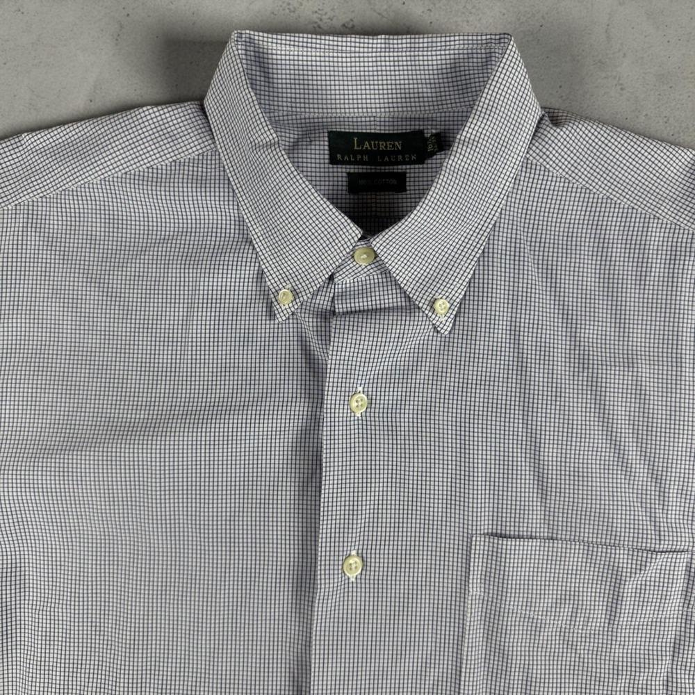 Lauren Ralph Lauren Mens Blue White Micro Check Cotton Dress Shirt 16.5 34/35